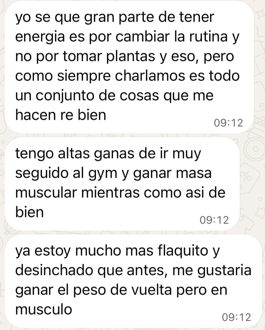 Captura de mensajes de Nicolás sobre su energía, la rutina y las ganas de entrenar